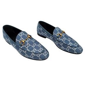 Gucci Jordaan Horsebit Flat Loafer Size 37 US 7 Blue Silver GG Monogram Canvas